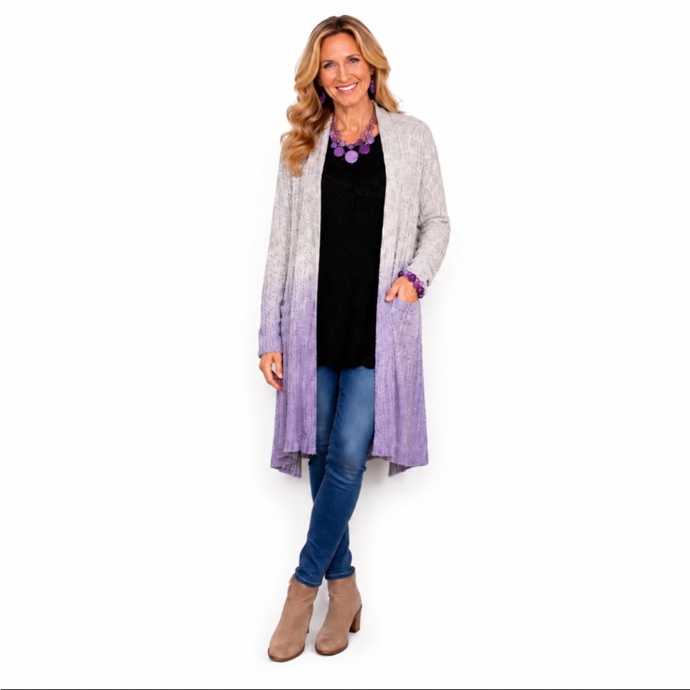 DKNY JEANS Gray to Lavender Ombre Open-Front Cardigan Sweater Size: Large